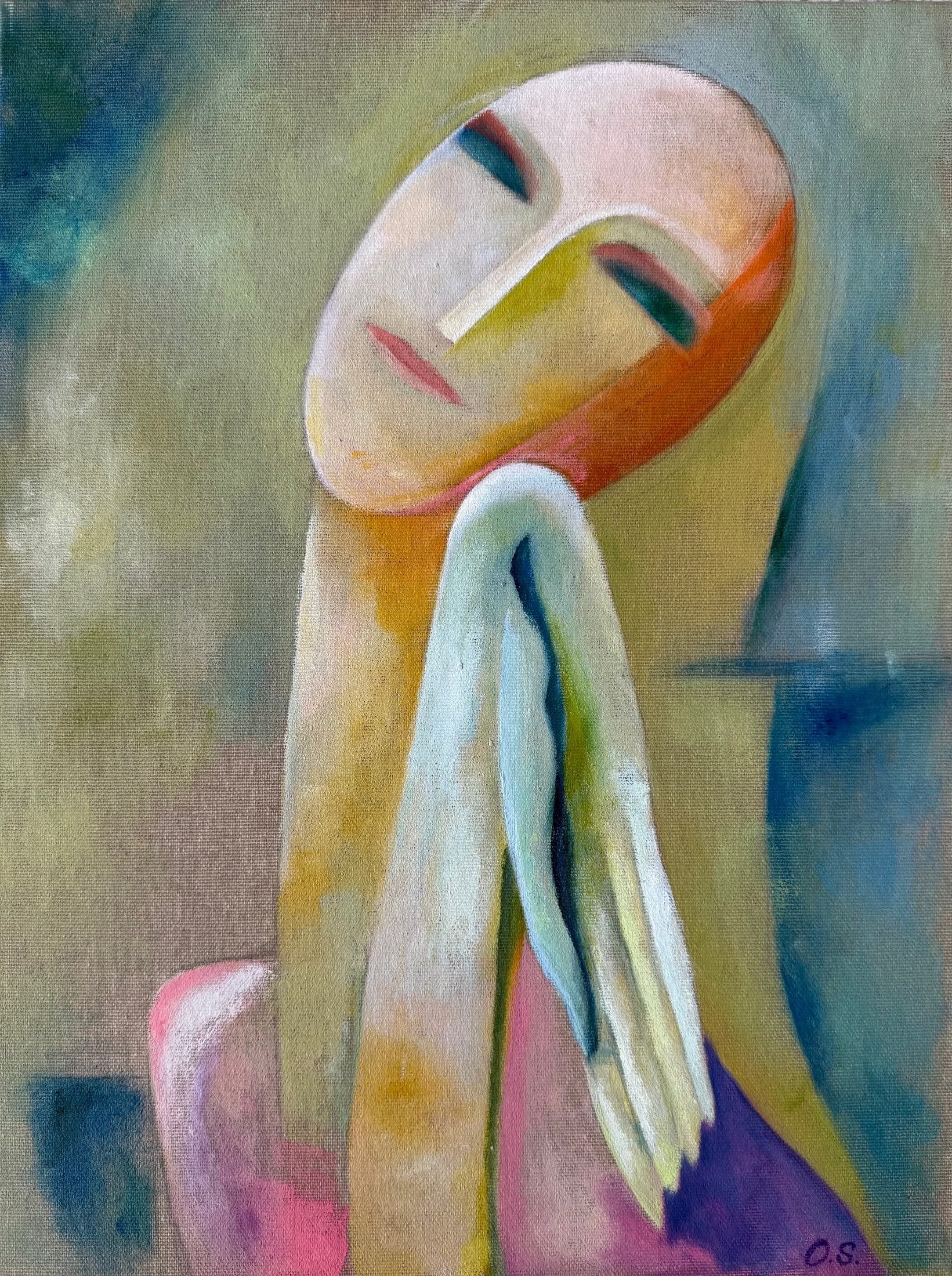 Abstract portrait of a figure with a tilted face in green, yellow and rose