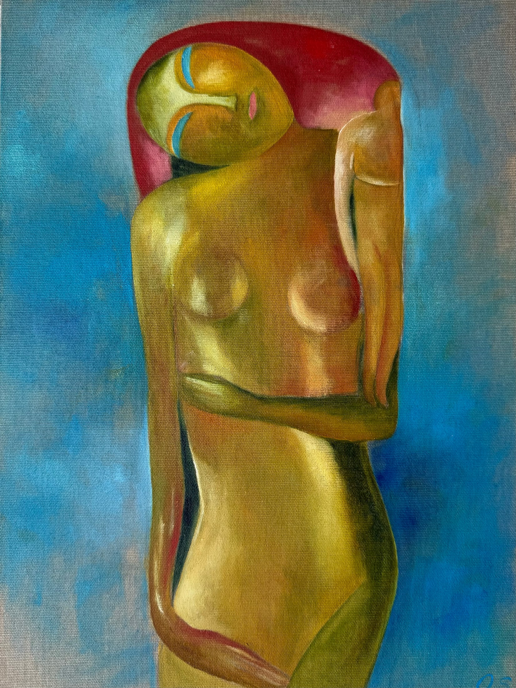 Standing abstract figure in gold and burgundy against a vivid blue background