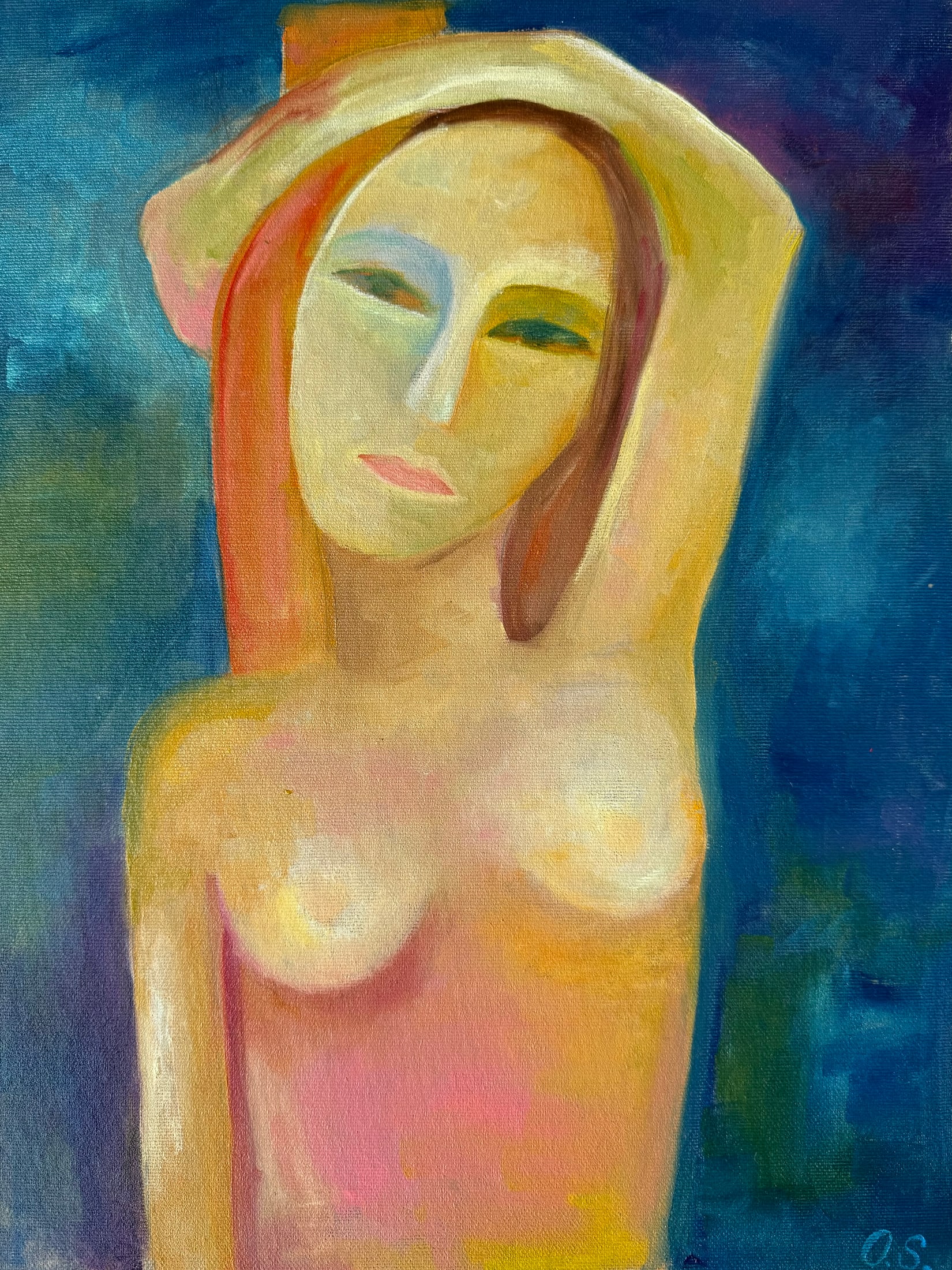 Oil painting of a figure in warm yellow and rose tones against a deep blue background