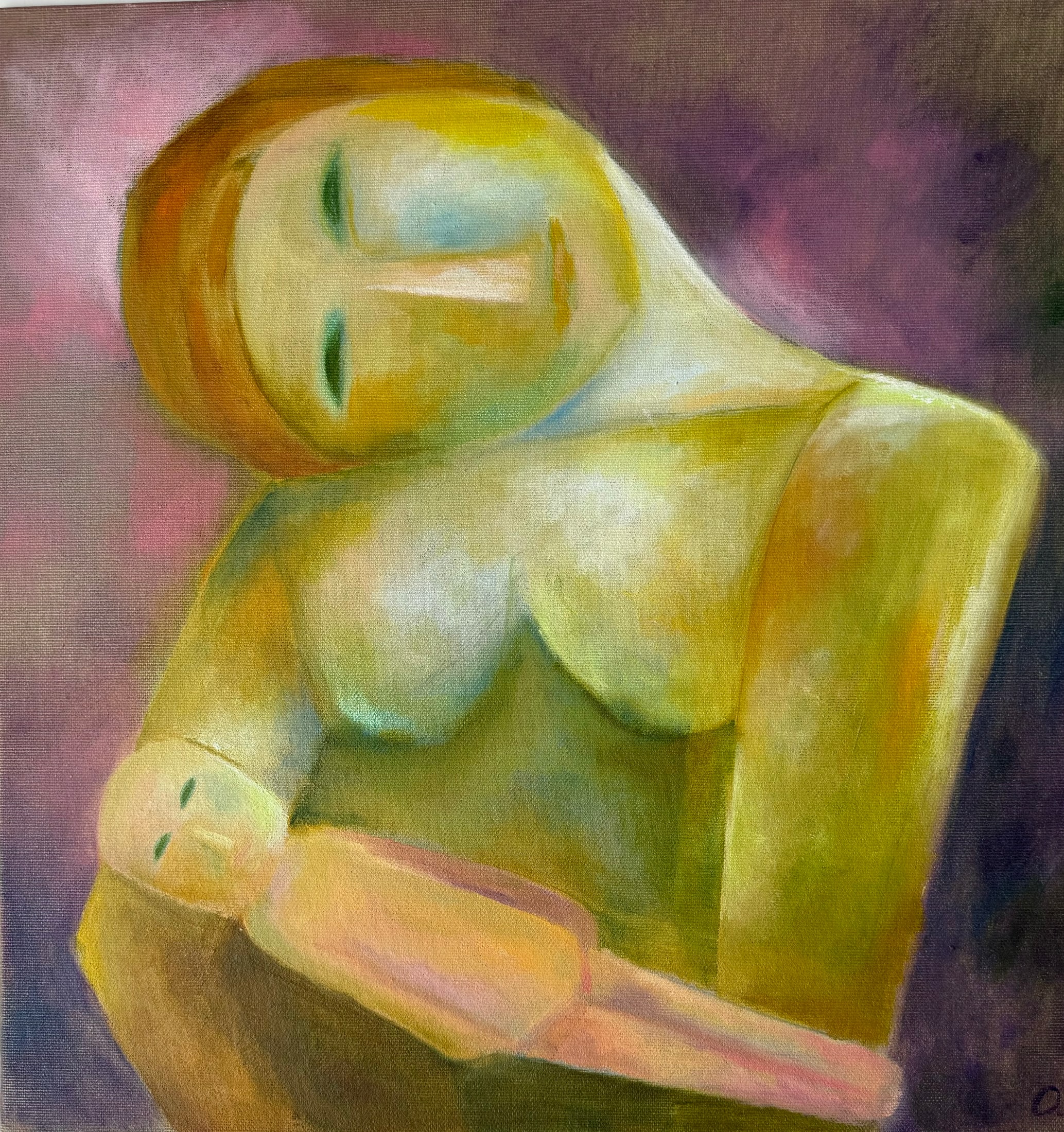 Abstract reclining figure in pale yellow, green and pink against dark plum