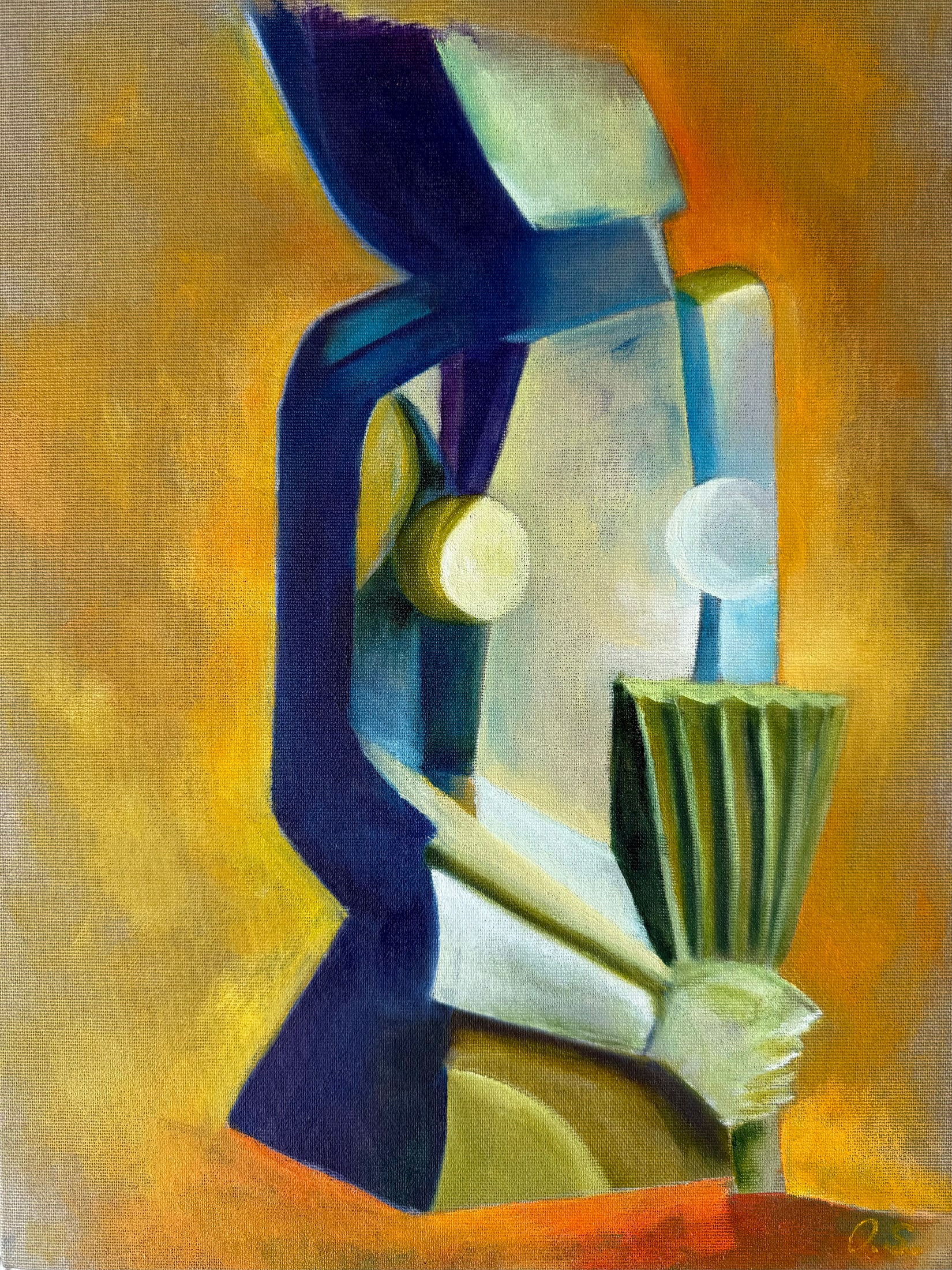 Angular figure in navy, aqua and violet against a golden ground