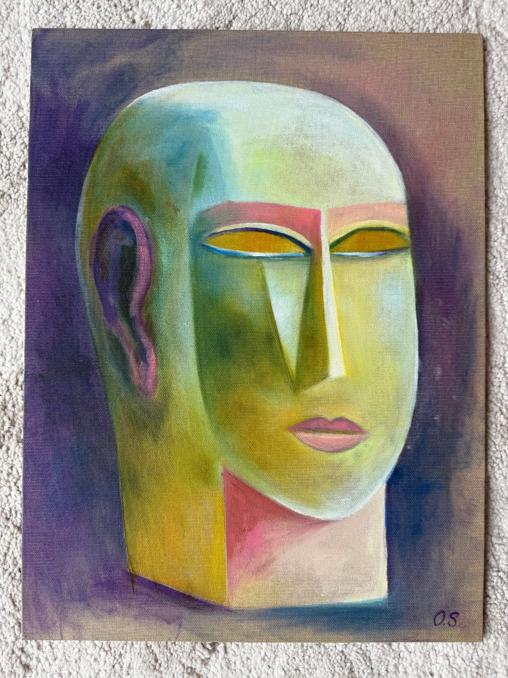 Portrait face in pale green, yellow and purple on a square canvas