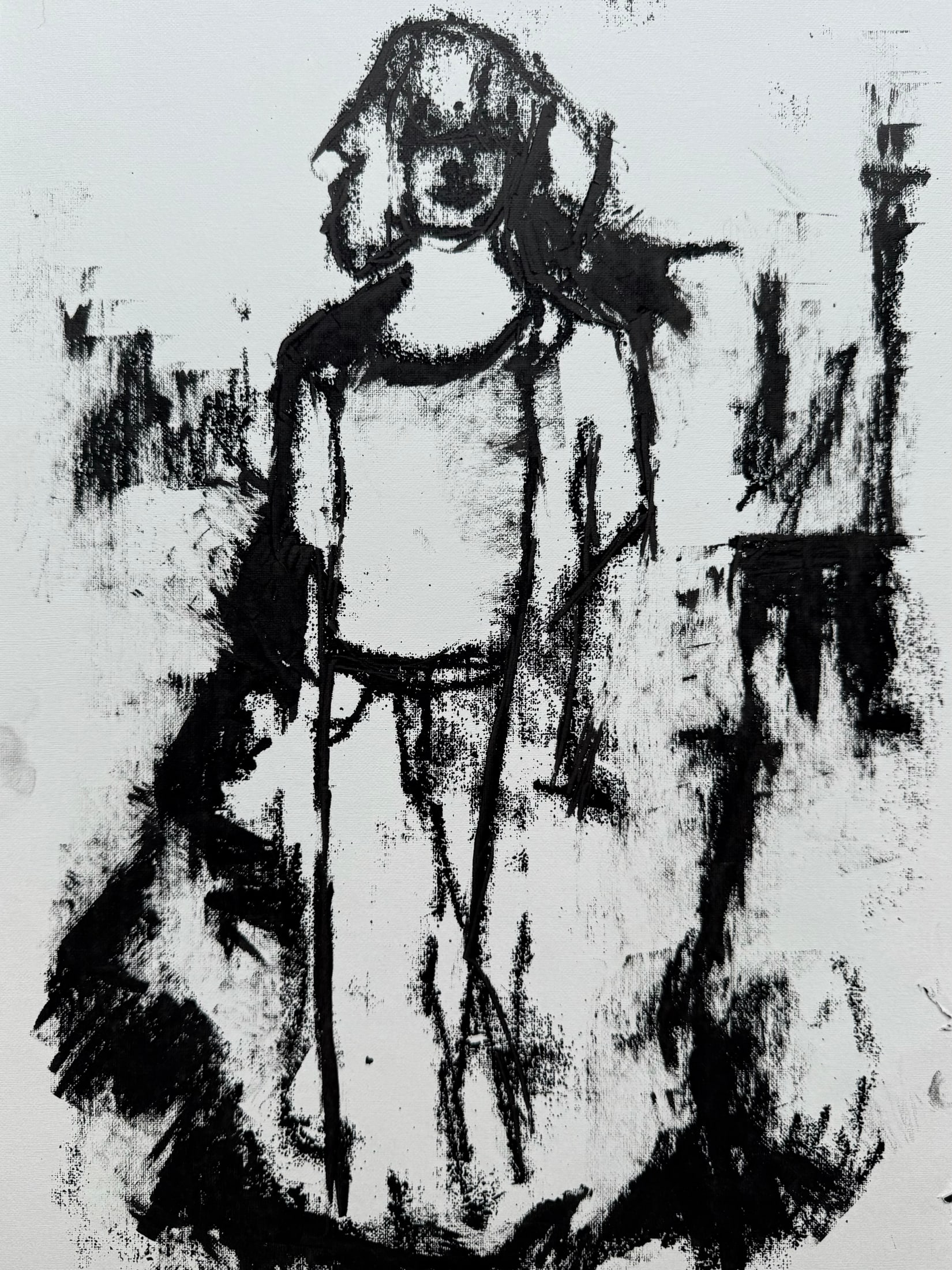 Black expressive figure drawing with broad marks on a white ground