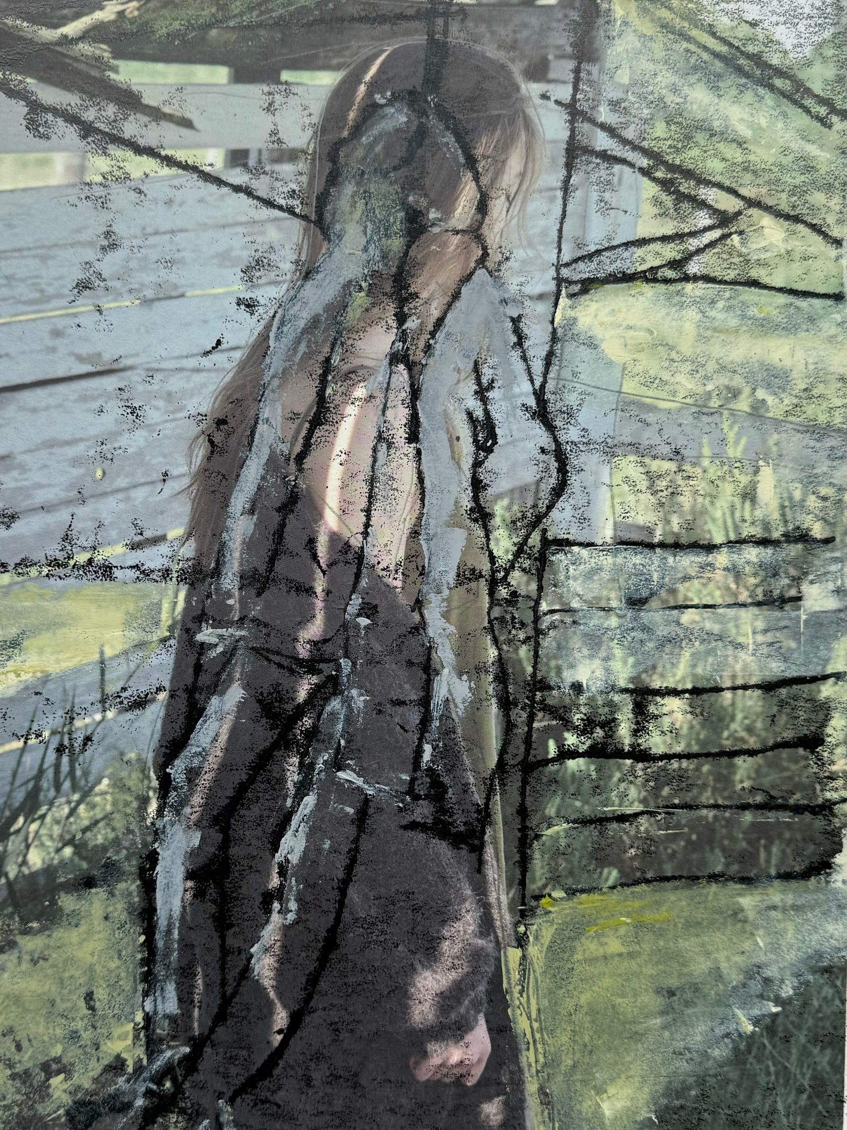Standing figure in grays with black gestural lines and pale green highlights